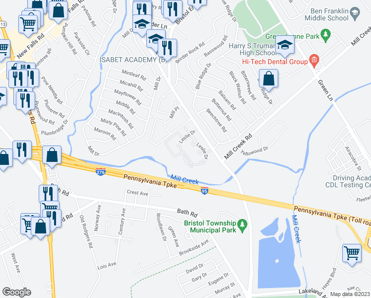 map of restaurants, bars, coffee shops, grocery stores, and more near 131 Pamela Court in Levittown