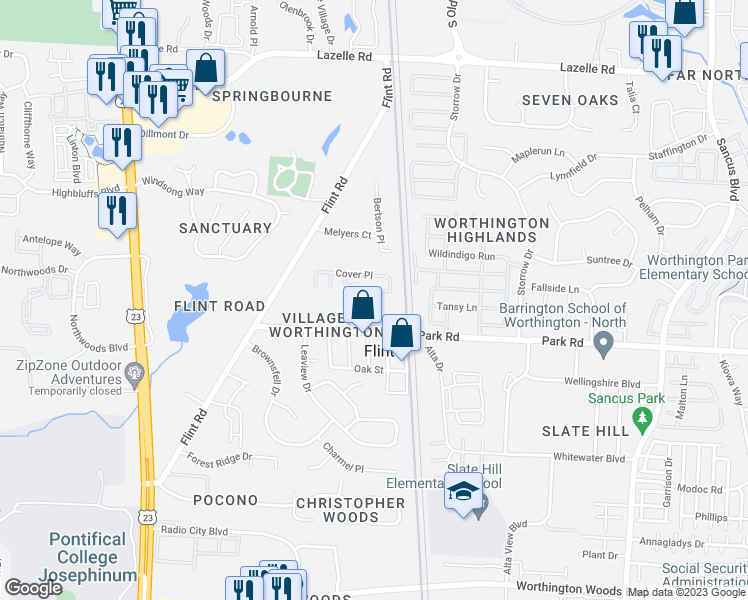 map of restaurants, bars, coffee shops, grocery stores, and more near Ravine Run Lane in Columbus