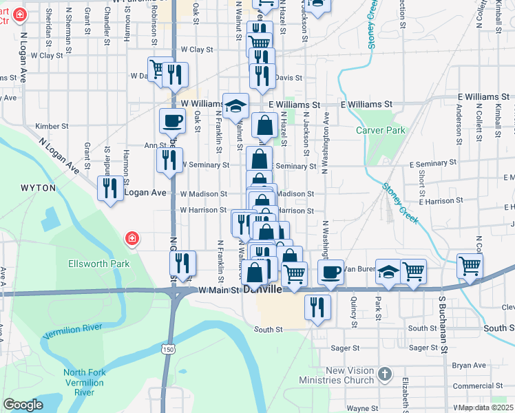 map of restaurants, bars, coffee shops, grocery stores, and more near 153 North Vermilion Street in Danville