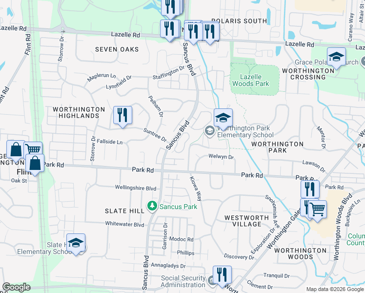 map of restaurants, bars, coffee shops, grocery stores, and more near 7996 Lakeloop Drive in Westerville