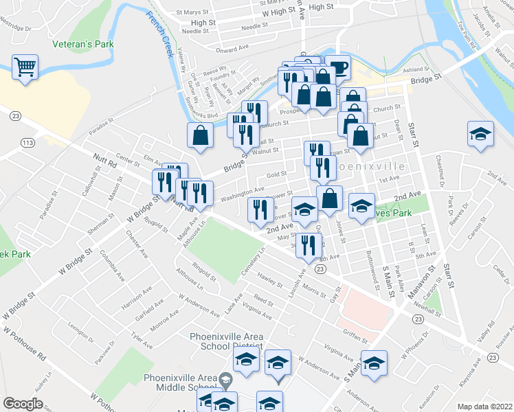 map of restaurants, bars, coffee shops, grocery stores, and more near 302 Buchanan Street in Phoenixville