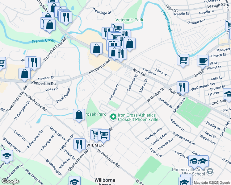 map of restaurants, bars, coffee shops, grocery stores, and more near 1013 Paradise Street in Phoenixville