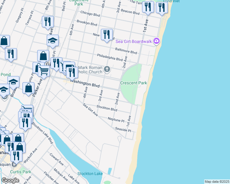 map of restaurants, bars, coffee shops, grocery stores, and more near 207 Trenton Boulevard in Sea Girt