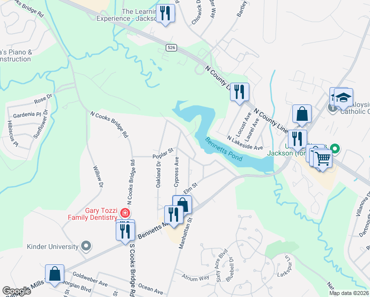 map of restaurants, bars, coffee shops, grocery stores, and more near 15 Poplar Street in Jackson Township