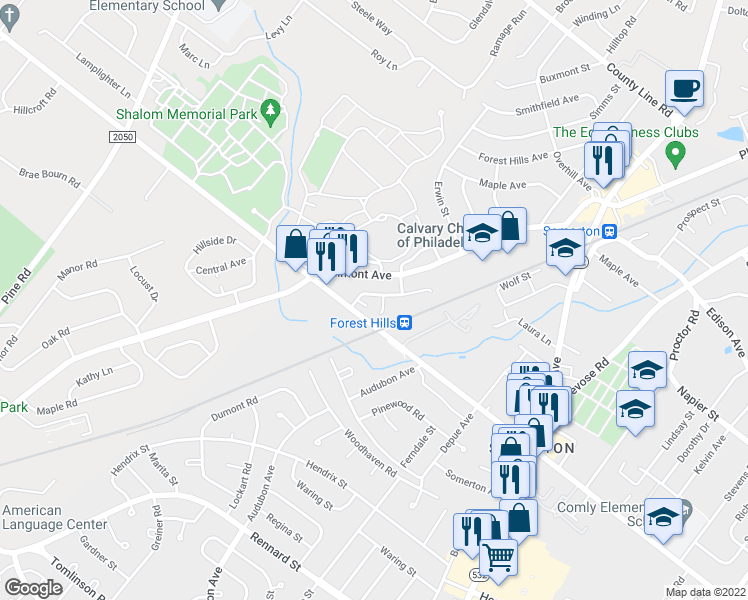 map of restaurants, bars, coffee shops, grocery stores, and more near 13019 Blakeslee Drive in Philadelphia