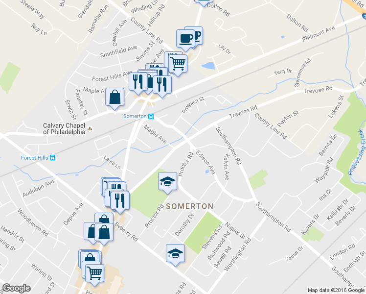map of restaurants, bars, coffee shops, grocery stores, and more near 13490 Proctor Road in Philadelphia