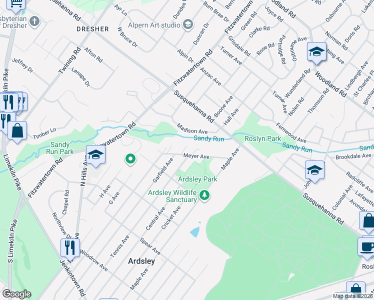 map of restaurants, bars, coffee shops, grocery stores, and more near 2928 Meyer Avenue in Glenside