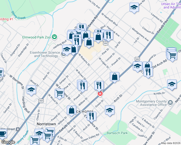 map of restaurants, bars, coffee shops, grocery stores, and more near 1636 Locust Street in Norristown