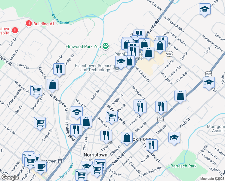 map of restaurants, bars, coffee shops, grocery stores, and more near 1430 Markley Street in Norristown