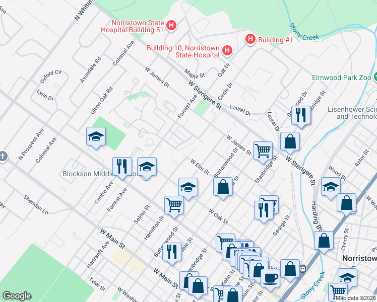 map of restaurants, bars, coffee shops, grocery stores, and more near 1207 West Elm Street in Norristown