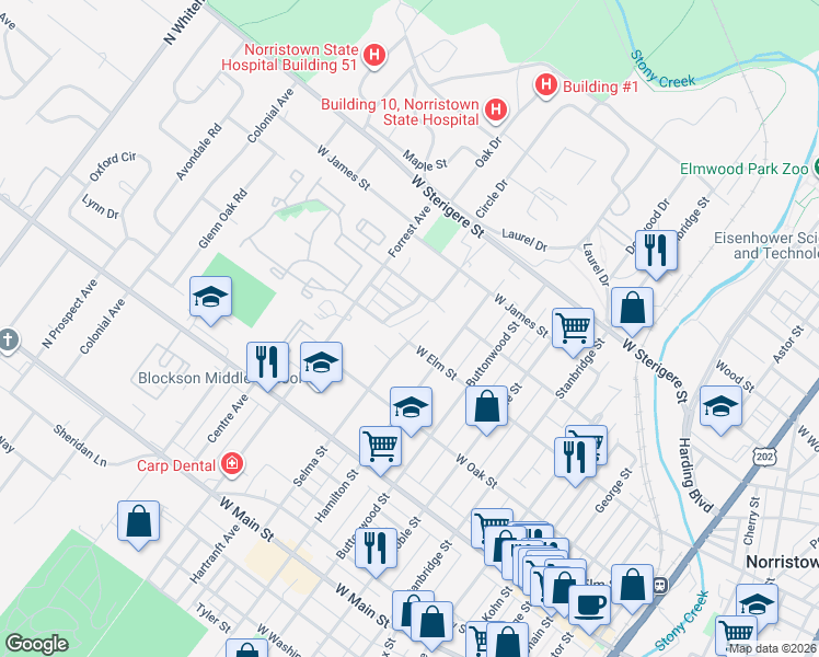 map of restaurants, bars, coffee shops, grocery stores, and more near 735 Selma Street in Norristown