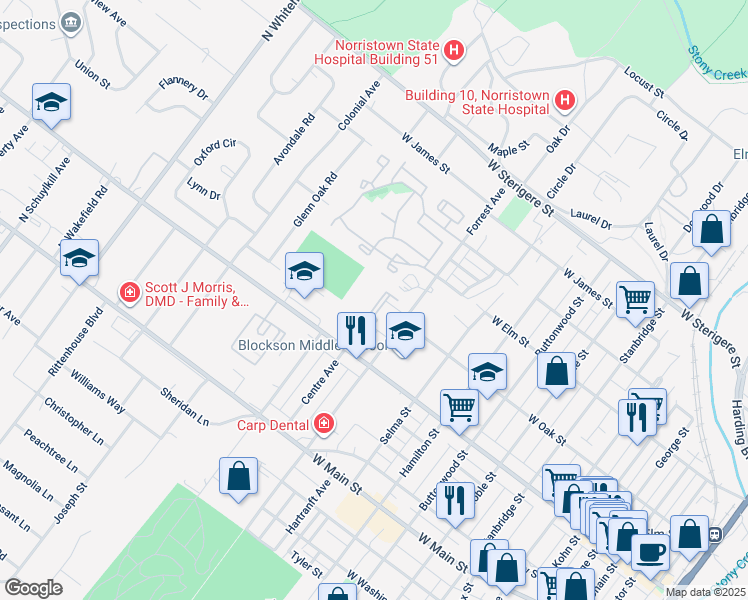 map of restaurants, bars, coffee shops, grocery stores, and more near 205 Centre Avenue in Eagleville