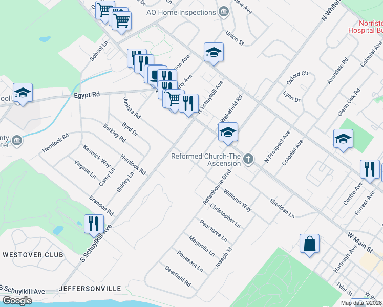 map of restaurants, bars, coffee shops, grocery stores, and more near 49 South Wakefield Road in Eagleville
