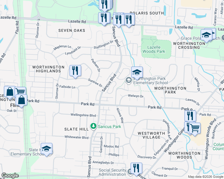 map of restaurants, bars, coffee shops, grocery stores, and more near 7996 Lakeloop Drive in Westerville