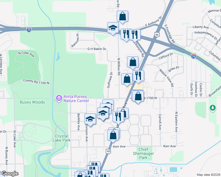 map of restaurants, bars, coffee shops, grocery stores, and more near 1605 North Willow Road in Urbana
