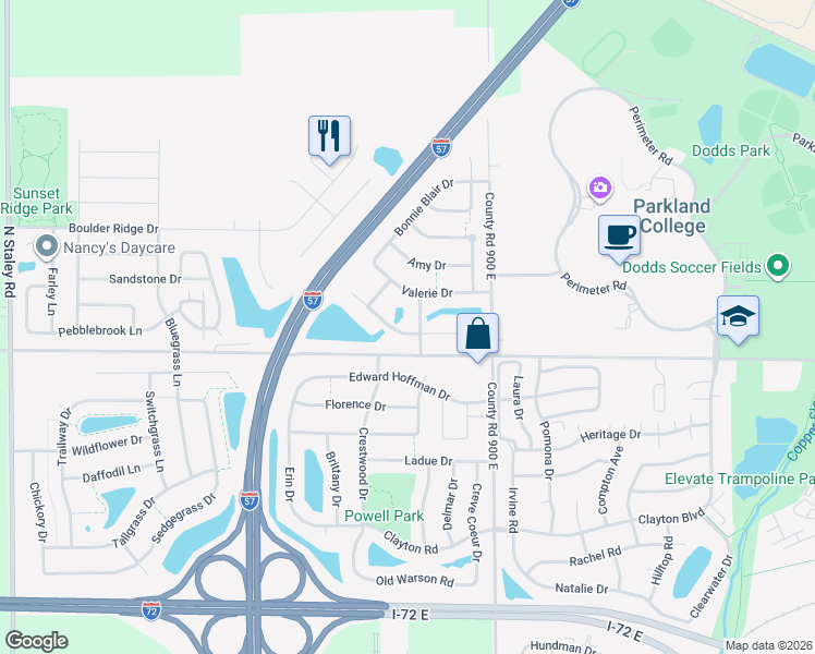 map of restaurants, bars, coffee shops, grocery stores, and more near 3203 Timberline Drive in Champaign