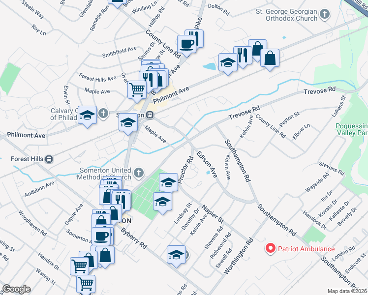 map of restaurants, bars, coffee shops, grocery stores, and more near 13490 Proctor Road in Philadelphia