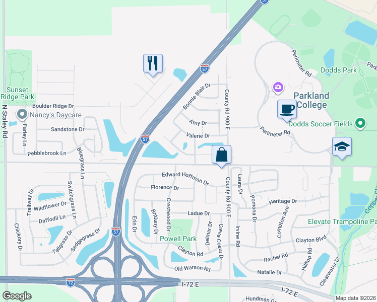 map of restaurants, bars, coffee shops, grocery stores, and more near 3203 Timberline Drive in Champaign