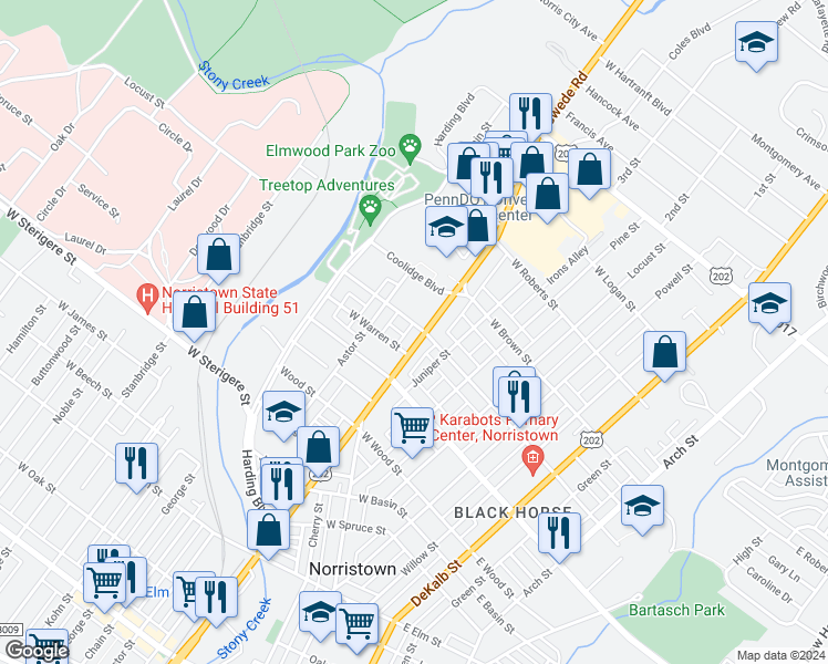 map of restaurants, bars, coffee shops, grocery stores, and more near 1445 Markley Street in Norristown