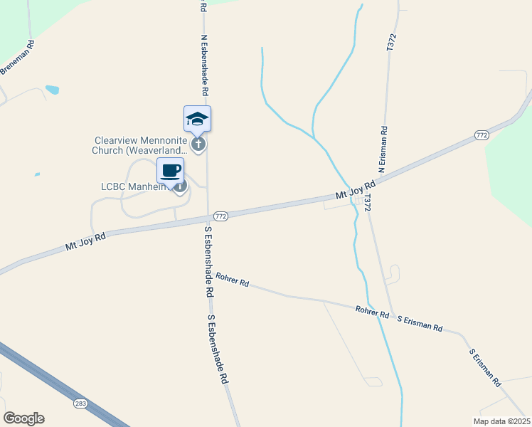 map of restaurants, bars, coffee shops, grocery stores, and more near 2199 Mount Joy Road in Manheim