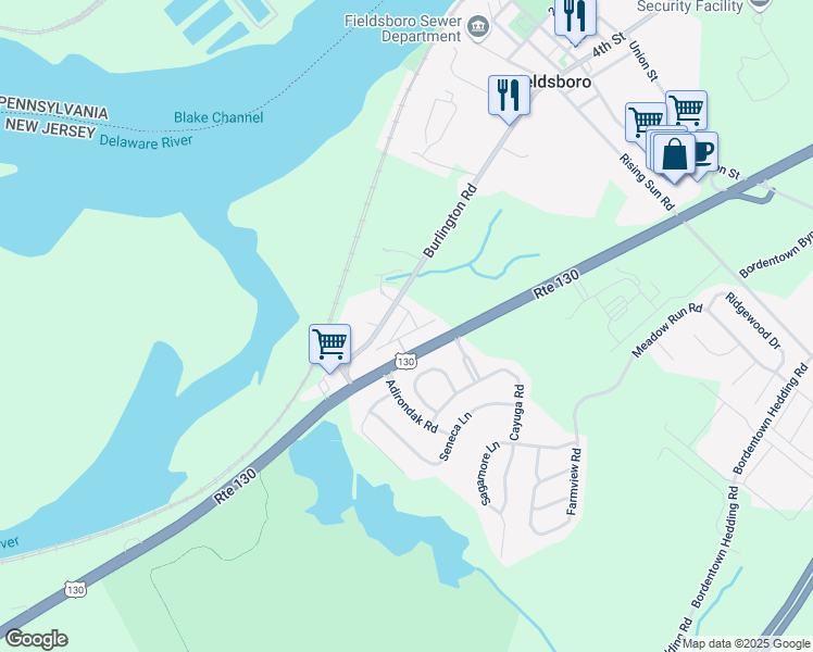 map of restaurants, bars, coffee shops, grocery stores, and more near 800 Bradford Court in Bordentown