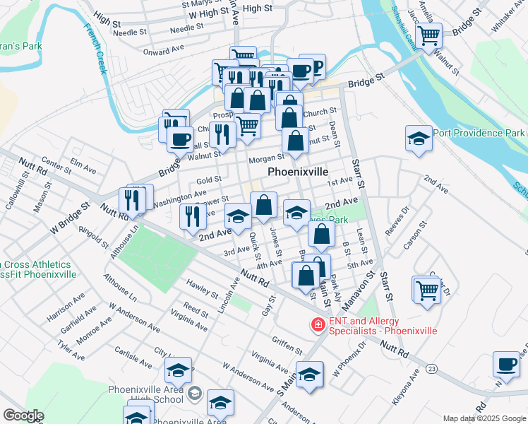 map of restaurants, bars, coffee shops, grocery stores, and more near 324 Gay Street in Phoenixville