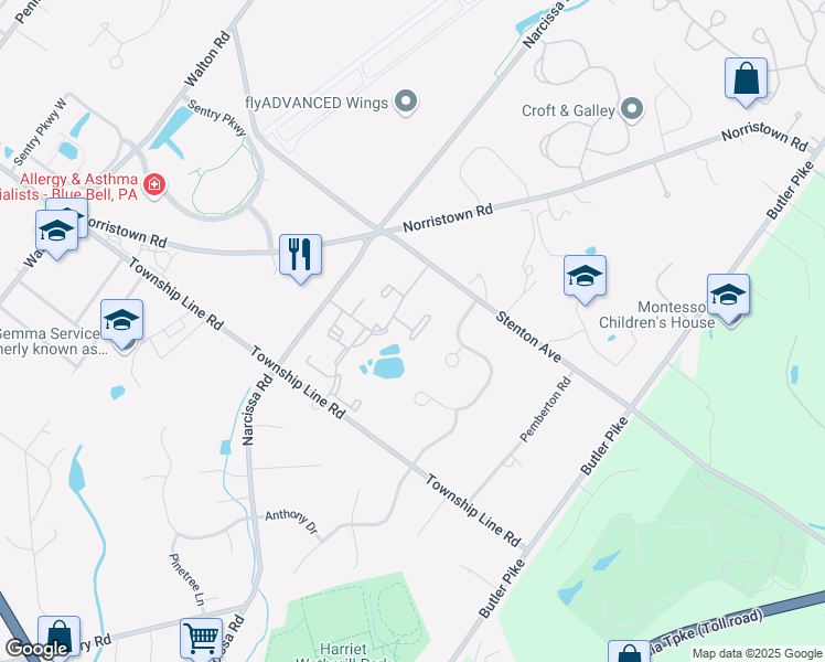 map of restaurants, bars, coffee shops, grocery stores, and more near 21 Ramsgate Court in Blue Bell
