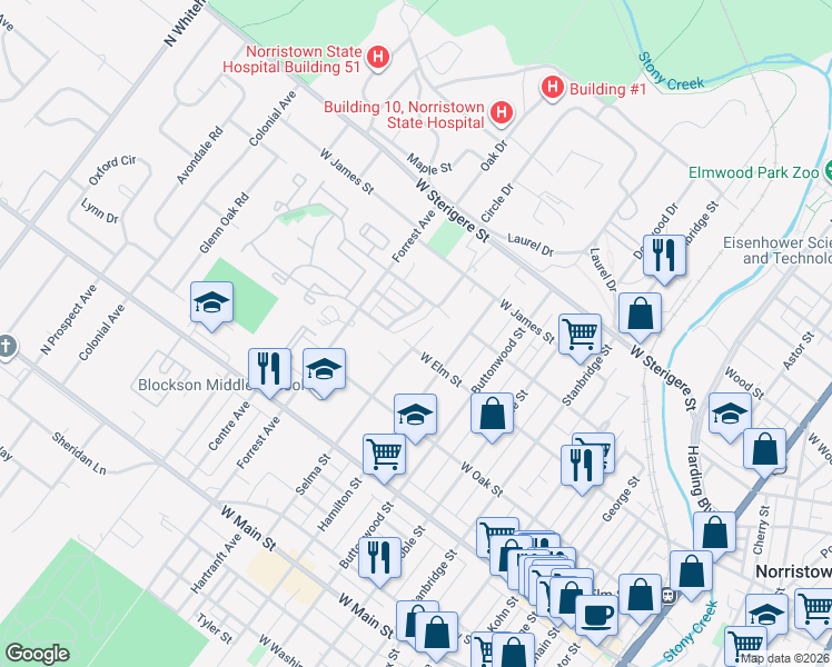 map of restaurants, bars, coffee shops, grocery stores, and more near 1207 West Elm Street in Norristown