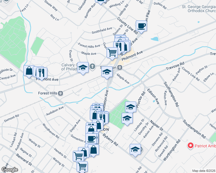 map of restaurants, bars, coffee shops, grocery stores, and more near 13109 Bustleton Avenue in Philadelphia