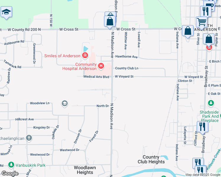 map of restaurants, bars, coffee shops, grocery stores, and more near 1345 Monticello Drive in Anderson
