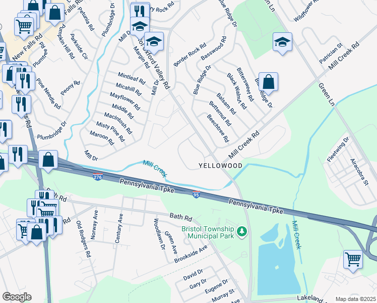map of restaurants, bars, coffee shops, grocery stores, and more near 47 Pamela Court in Levittown