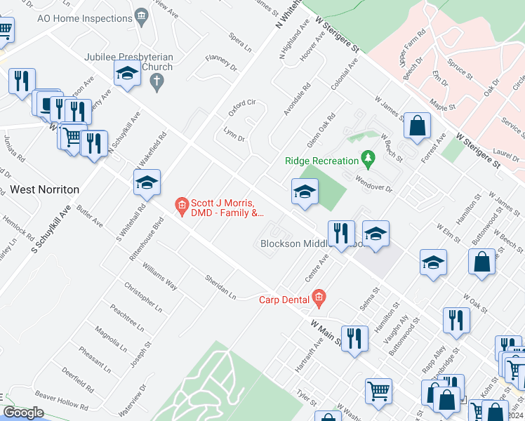 map of restaurants, bars, coffee shops, grocery stores, and more near 1630 West Marshall Street in Eagleville