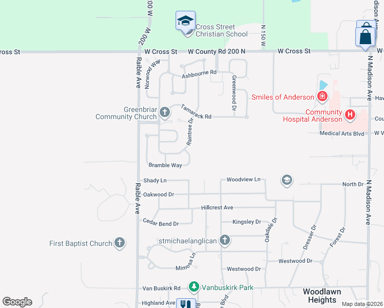 map of restaurants, bars, coffee shops, grocery stores, and more near 1320 Bramble Way in Anderson