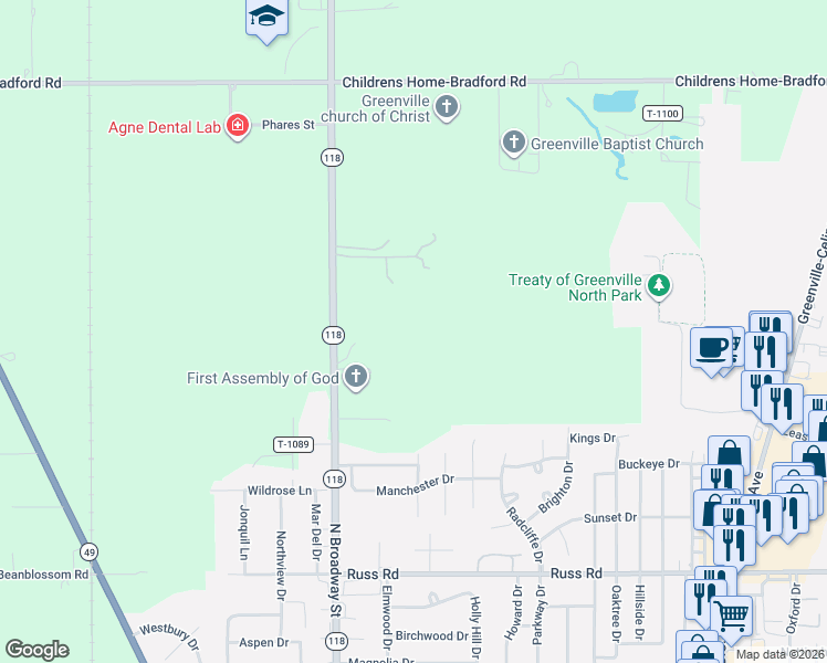 map of restaurants, bars, coffee shops, grocery stores, and more near 7331 Highway 118 in Greenville