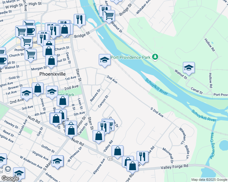 map of restaurants, bars, coffee shops, grocery stores, and more near 30 2nd Avenue in Phoenixville