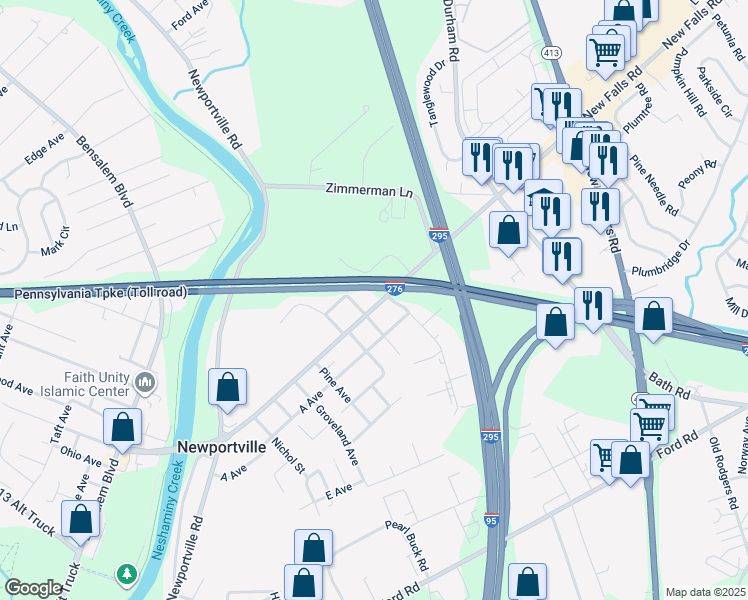 map of restaurants, bars, coffee shops, grocery stores, and more near 2905 New Falls Road in Levittown
