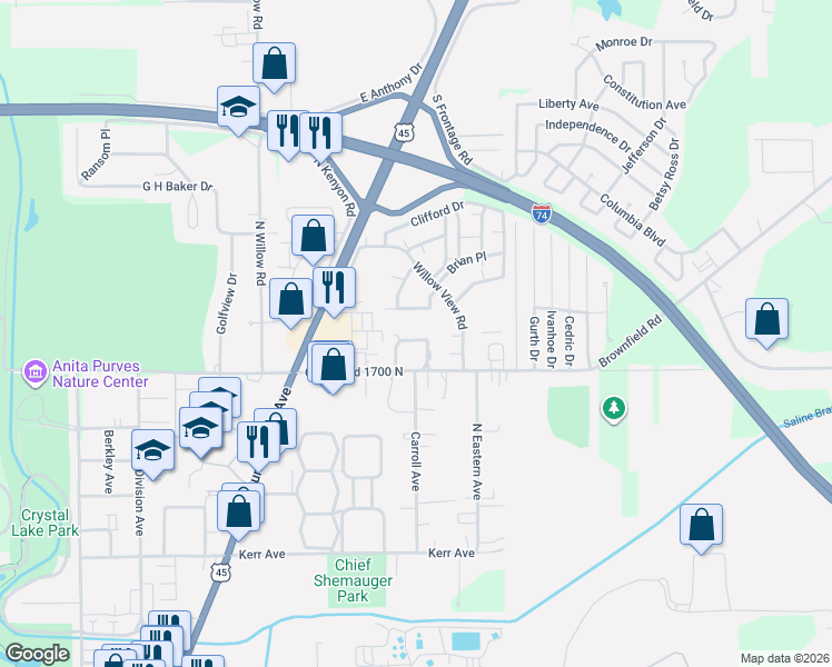 map of restaurants, bars, coffee shops, grocery stores, and more near 504 Spring Circle in Urbana