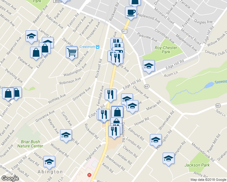 map of restaurants, bars, coffee shops, grocery stores, and more near 1573 Old York Road in Abington