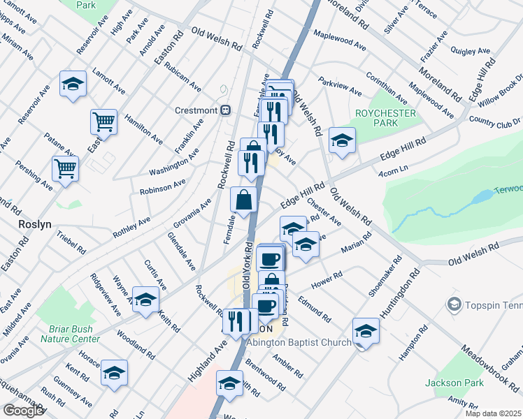 map of restaurants, bars, coffee shops, grocery stores, and more near 1573 Old York Road in Abington