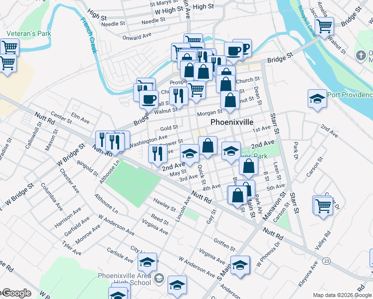 map of restaurants, bars, coffee shops, grocery stores, and more near 356 Grover Street in Phoenixville