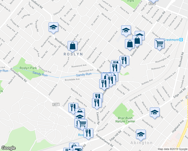 map of restaurants, bars, coffee shops, grocery stores, and more near 2463 Brookdale Avenue in Abington