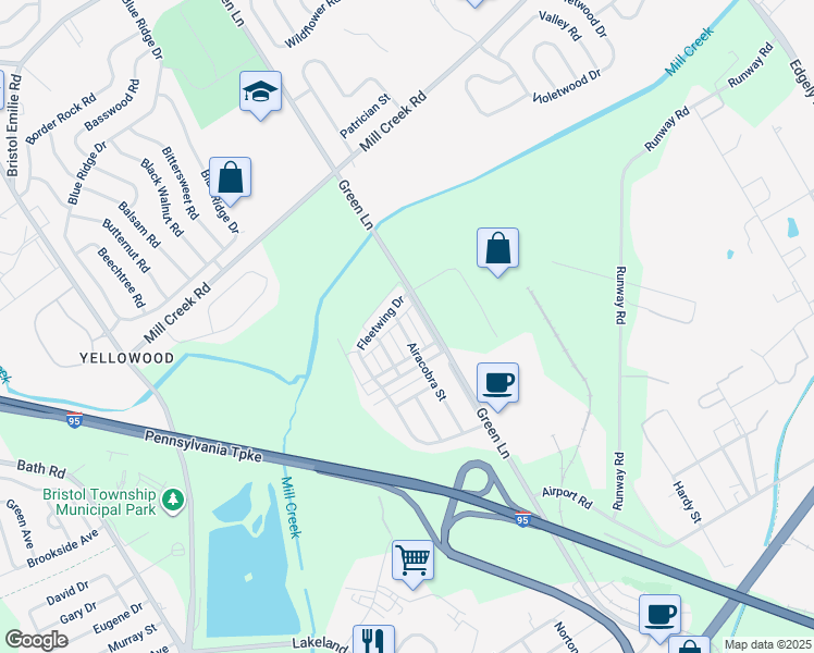 map of restaurants, bars, coffee shops, grocery stores, and more near 2422 Airacobra Street in Levittown