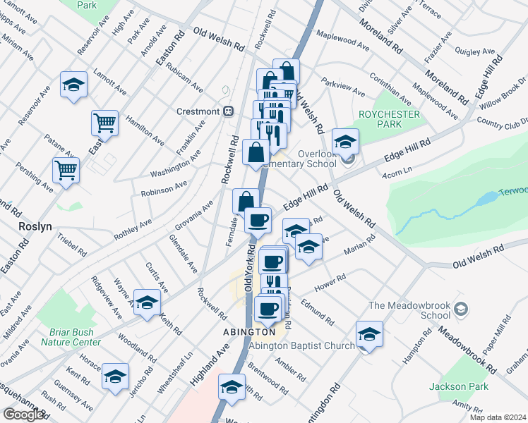 map of restaurants, bars, coffee shops, grocery stores, and more near 1550 Old York Road in Abington