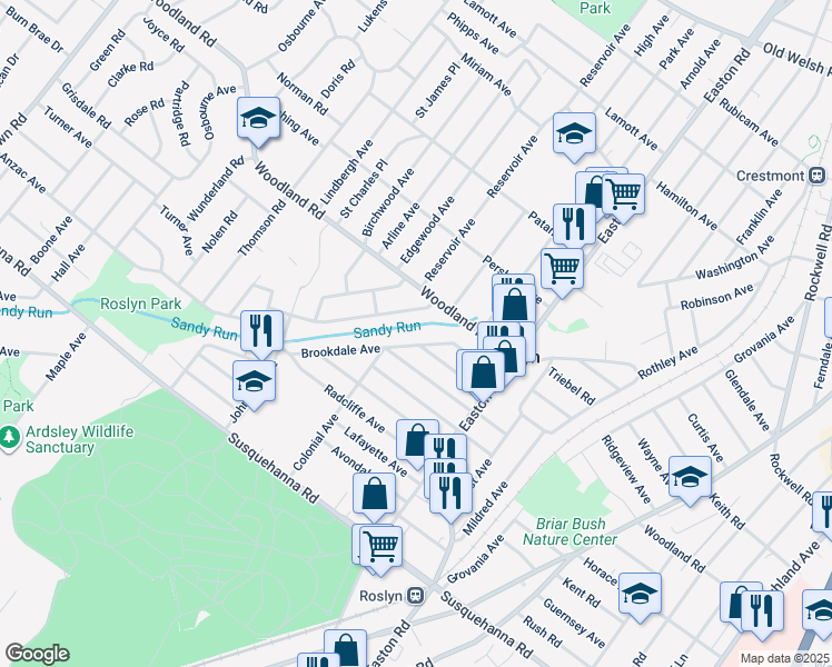 map of restaurants, bars, coffee shops, grocery stores, and more near 2459 Arlington Avenue in Abington