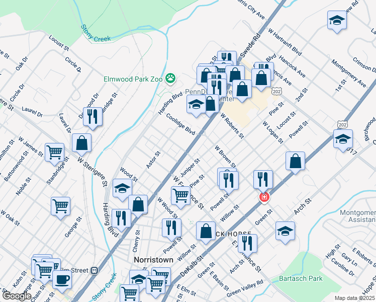 map of restaurants, bars, coffee shops, grocery stores, and more near 1430 Markley Street in Norristown