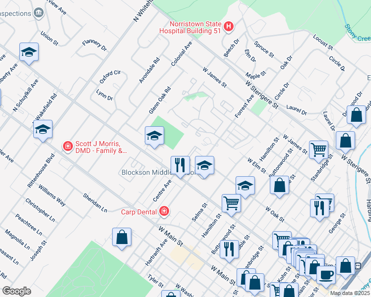 map of restaurants, bars, coffee shops, grocery stores, and more near 205 Centre Avenue in Eagleville