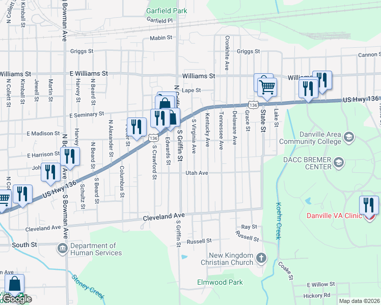 map of restaurants, bars, coffee shops, grocery stores, and more near 17-99 South Griffin Street in Danville