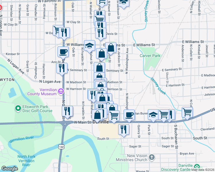 map of restaurants, bars, coffee shops, grocery stores, and more near 201 North Hazel Street in Danville