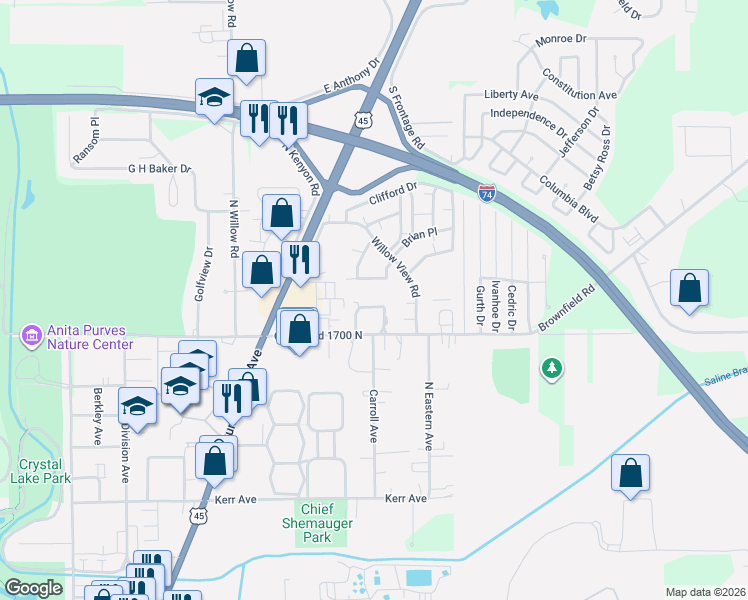 map of restaurants, bars, coffee shops, grocery stores, and more near 504 Spring Circle in Urbana