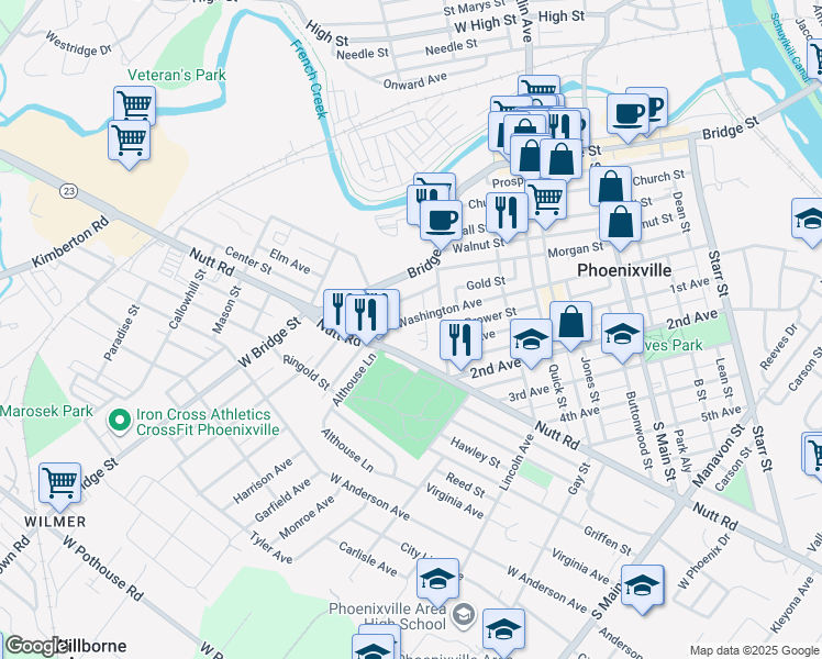 map of restaurants, bars, coffee shops, grocery stores, and more near 453 Nutt Road in Phoenixville
